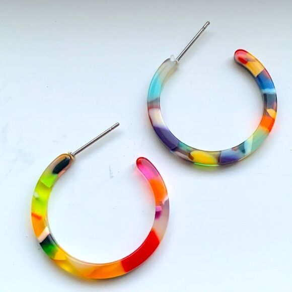 Colorful Swirled Marbleized Acetate Eco Unisex Hoop Handmade Men’s Earrings NEW - Picture 5 of 11